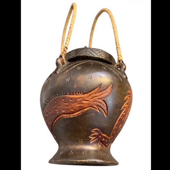 Vintage Asian Wood Vase Hand Carved Dragon Art Decor with Weaved Handles - Picture 4 of 6